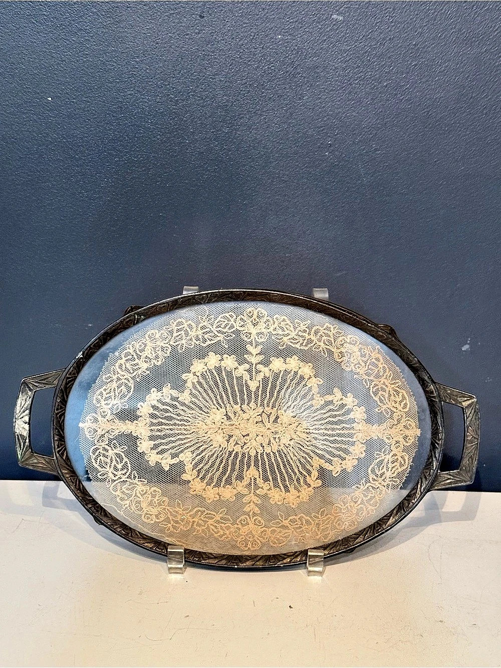 Vintage Floral Metal Serving Tray Black & Gold Inscribed PNCW